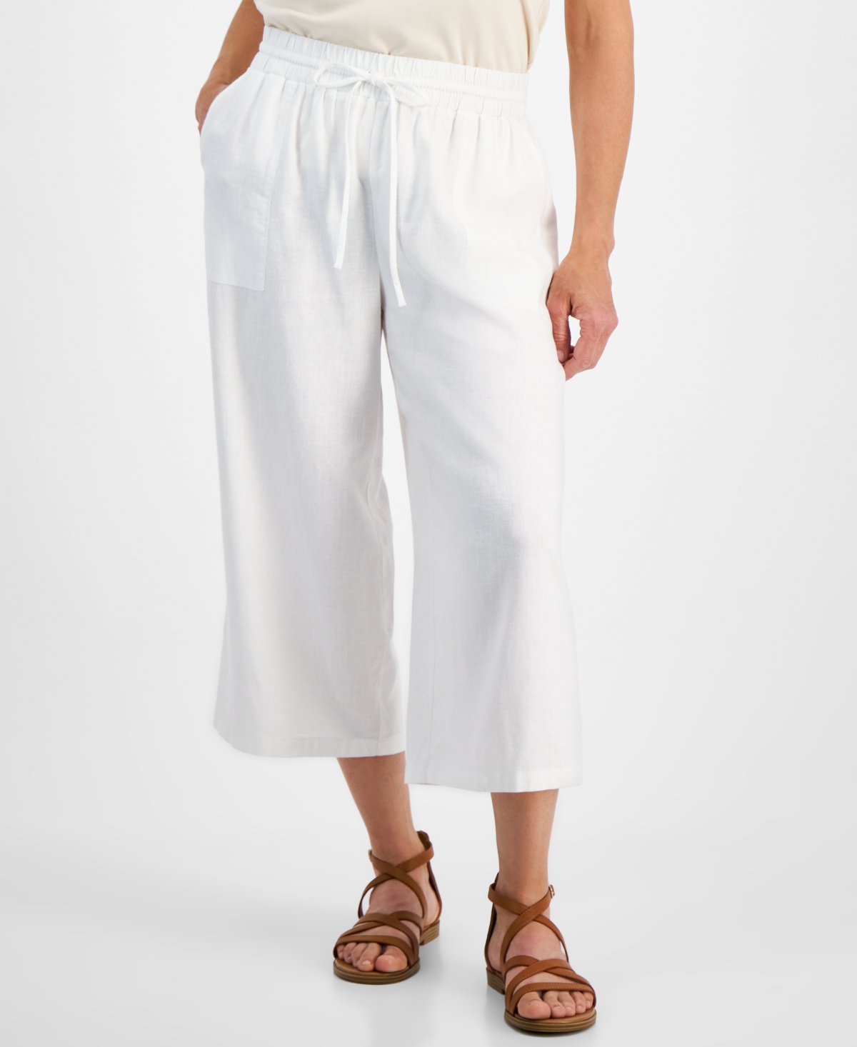 Petite Cropped Linen Wide-Leg Drawstring Pants - Bright White