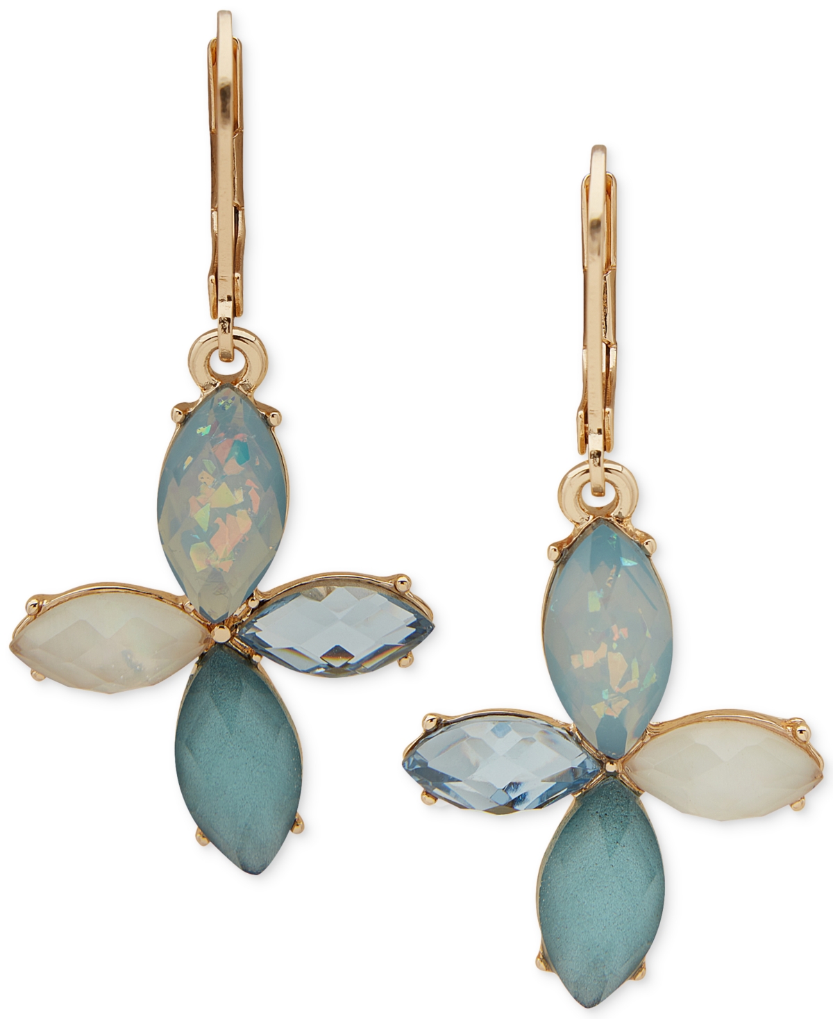 Gold-Tone Tonal Stone & Mother-of-Pearl Flower Drop Earrings - Blue