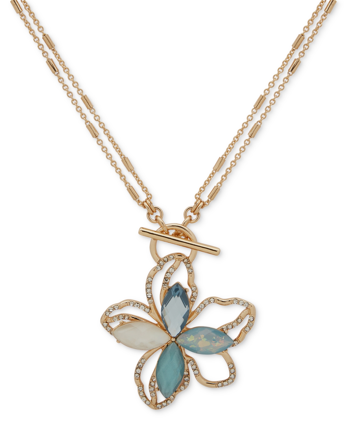 Shop Anne Klein Gold-tone Blue Multi Flower Pendant 18" Toggle Necklace