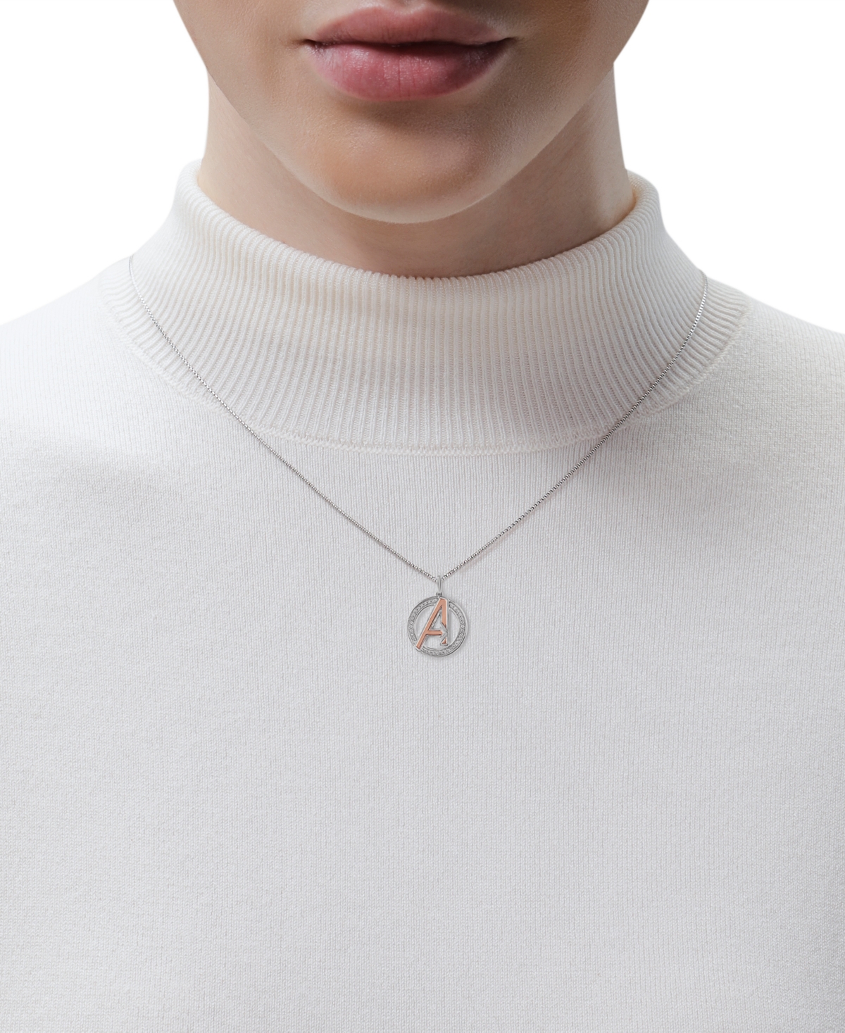 Wonder Fine Jewelry Marvel  Diamond Avengers Logo 18" Pendant Necklace (1/8 Ct. T.w.) In Sterling Sil In Sterling Silver  Rose Gold-plate