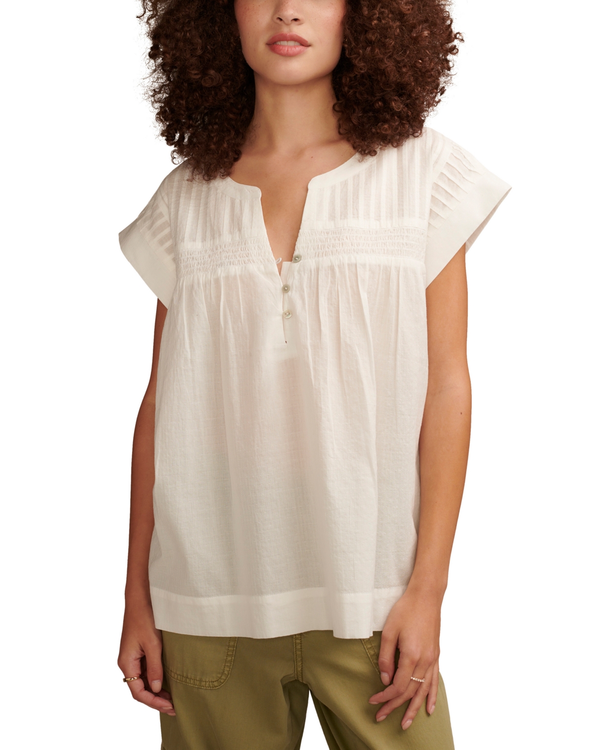 Women's Modern Cotton Popover V-Neck Top - Pale Lime Yellow