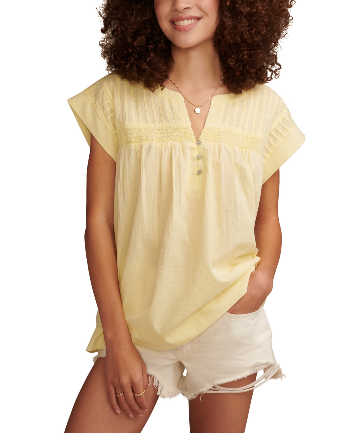 Shop Lucky Brand Women's Modern Cotton Popover V-neck Top In Pale Lime Yellow
