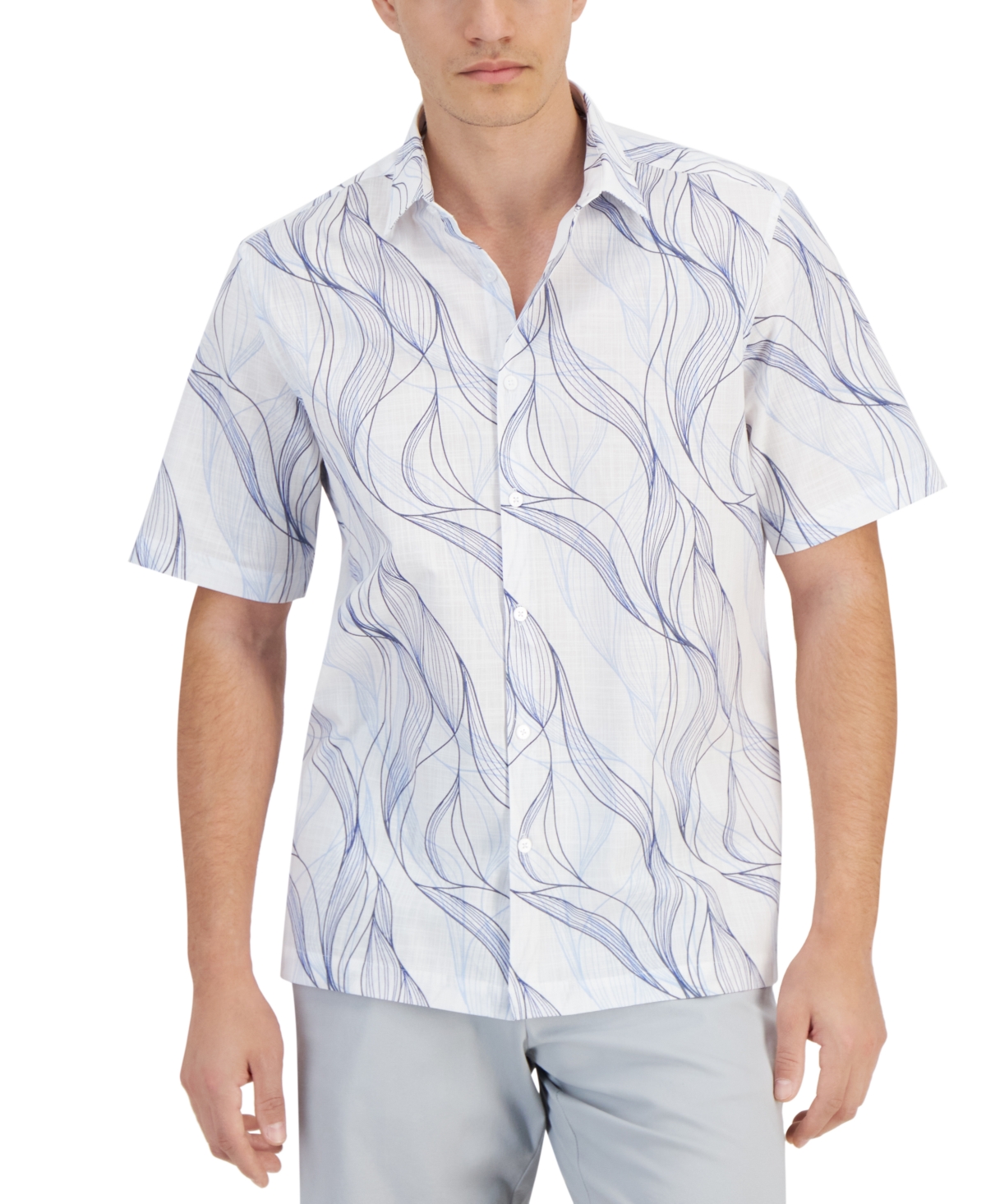 Men's Regular-Fit Abstract Wave-Print Button-Down Shirt, Created for Macy's - Bright White