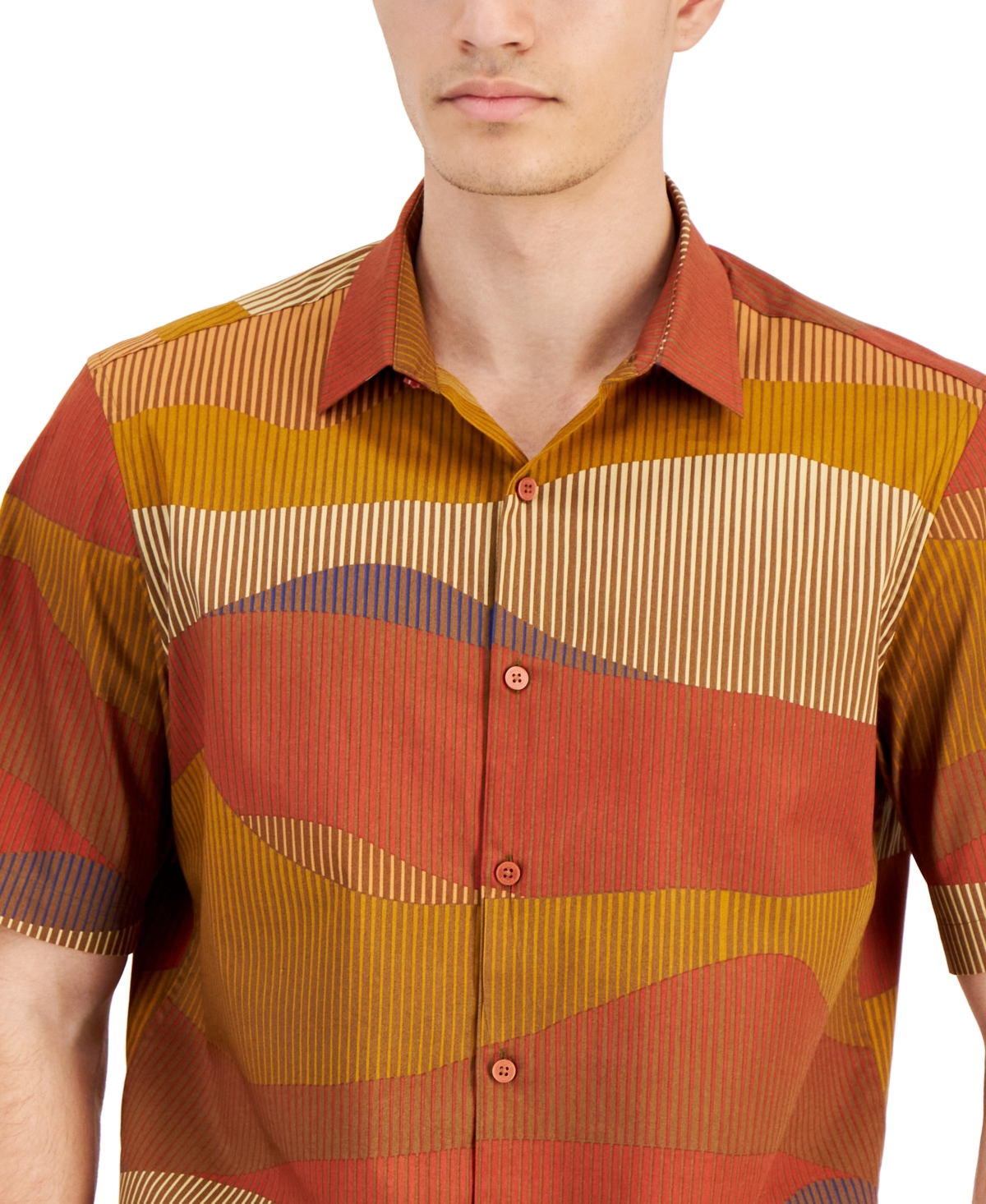 Shop Alfani Men's Terrain Short Sleeve Button Front Shirt, Created For Macy's In Timber