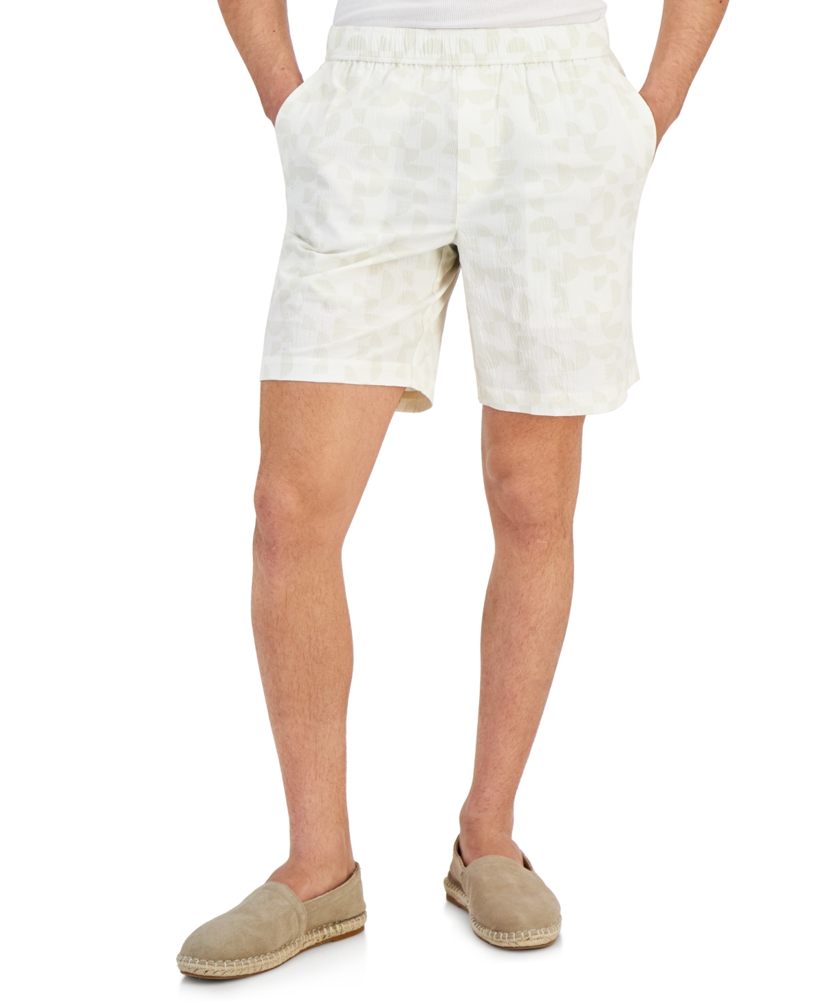 Men's Grand Regular-Fit Geo-Print 8" Seersucker Shorts, Created for Macy's - Vanilla Ice