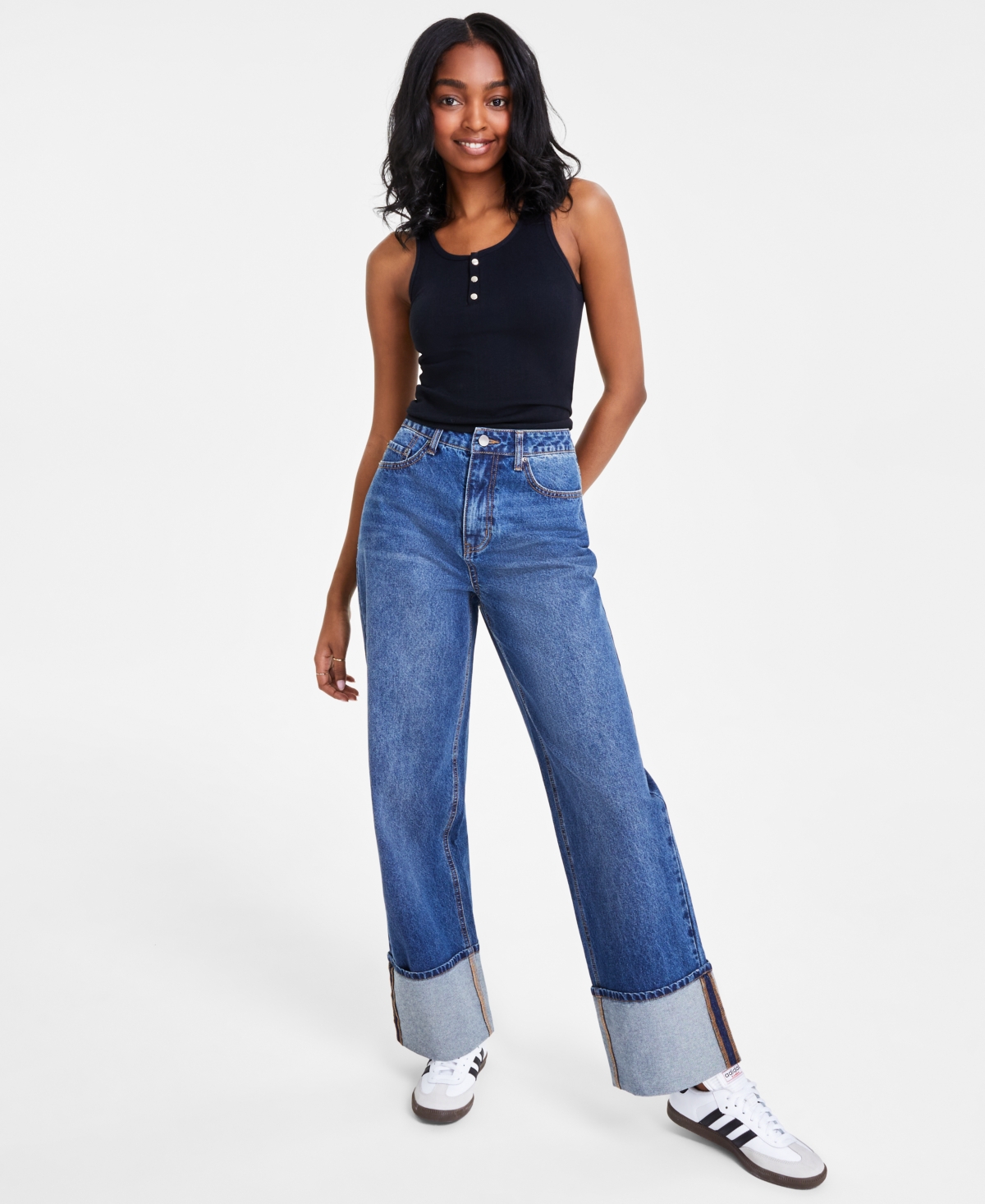 Tinseltown Juniors' Cotton High-rise Wide-leg Cuffed Jeans In Blue