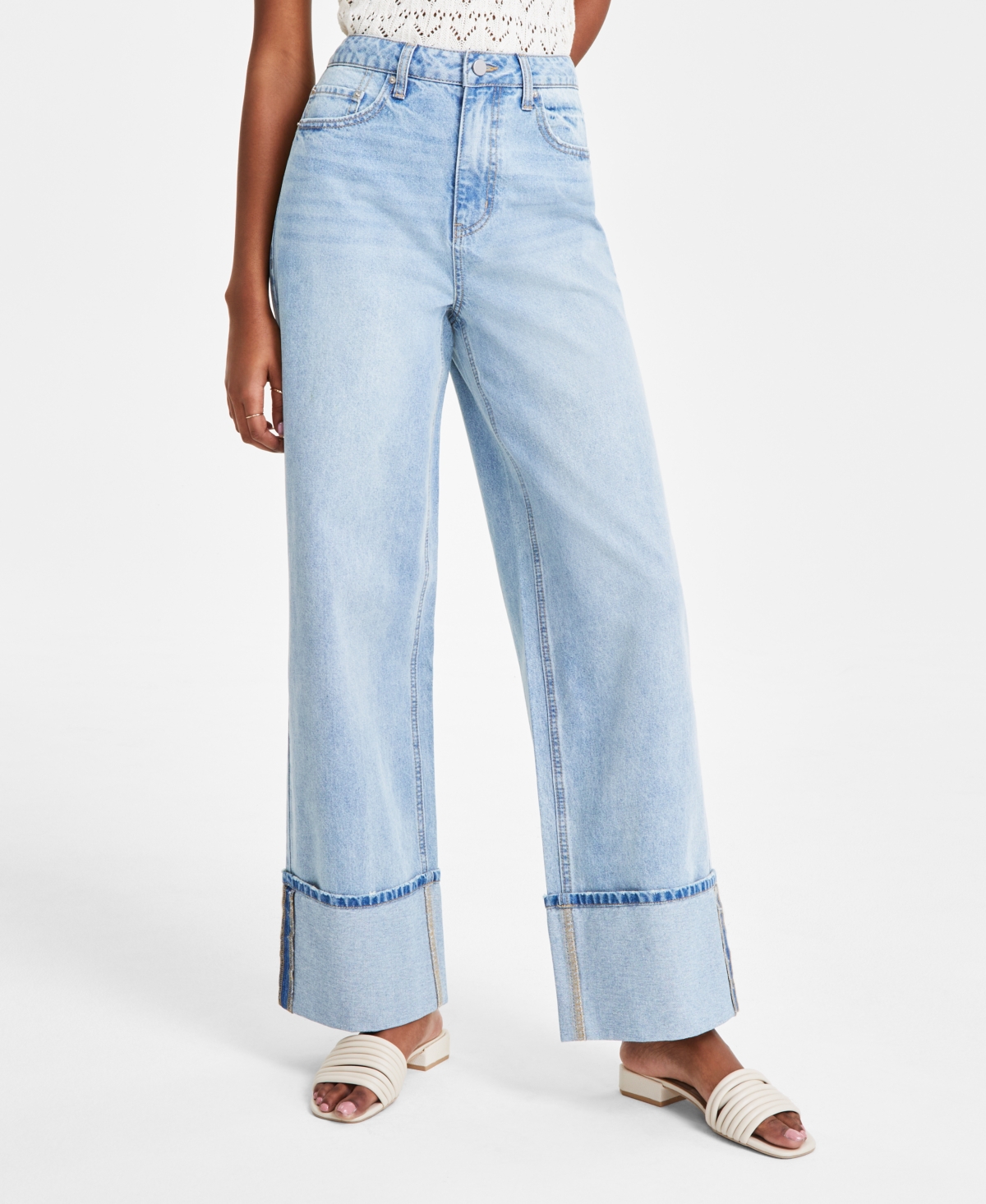 Tinseltown Juniors' Cotton High-rise Wide-leg Cuffed Jeans In Vintage Li