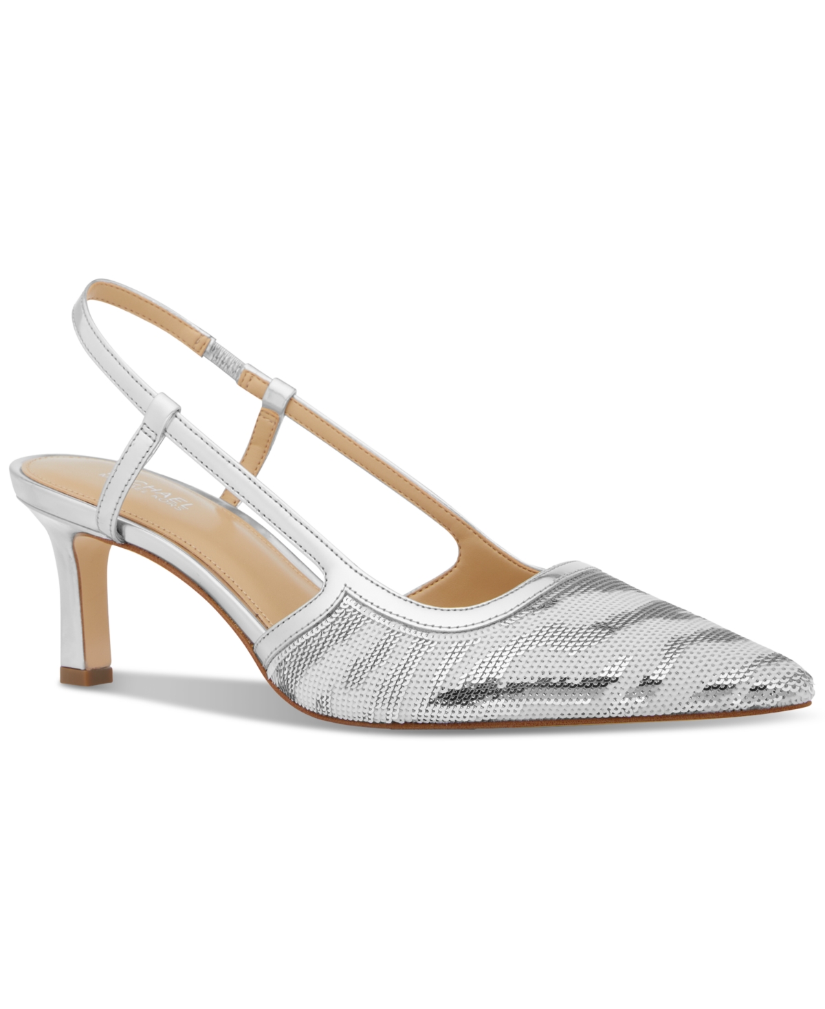 Shop Michael Kors Michael  Women's Alora Pointed Toe Mid Heel Slingback Pumps In Optic White,silver