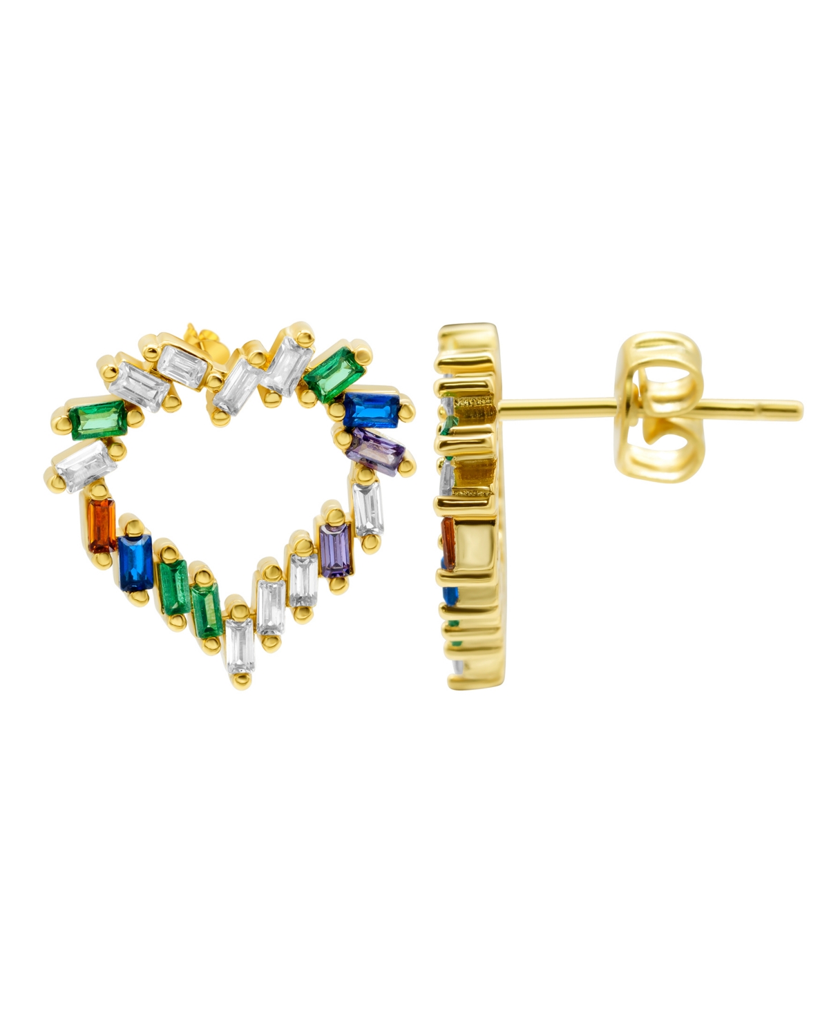 Shop Adornia 14k Gold-plated Rainbow Baguette Open Heart Studs Earrings In Multi