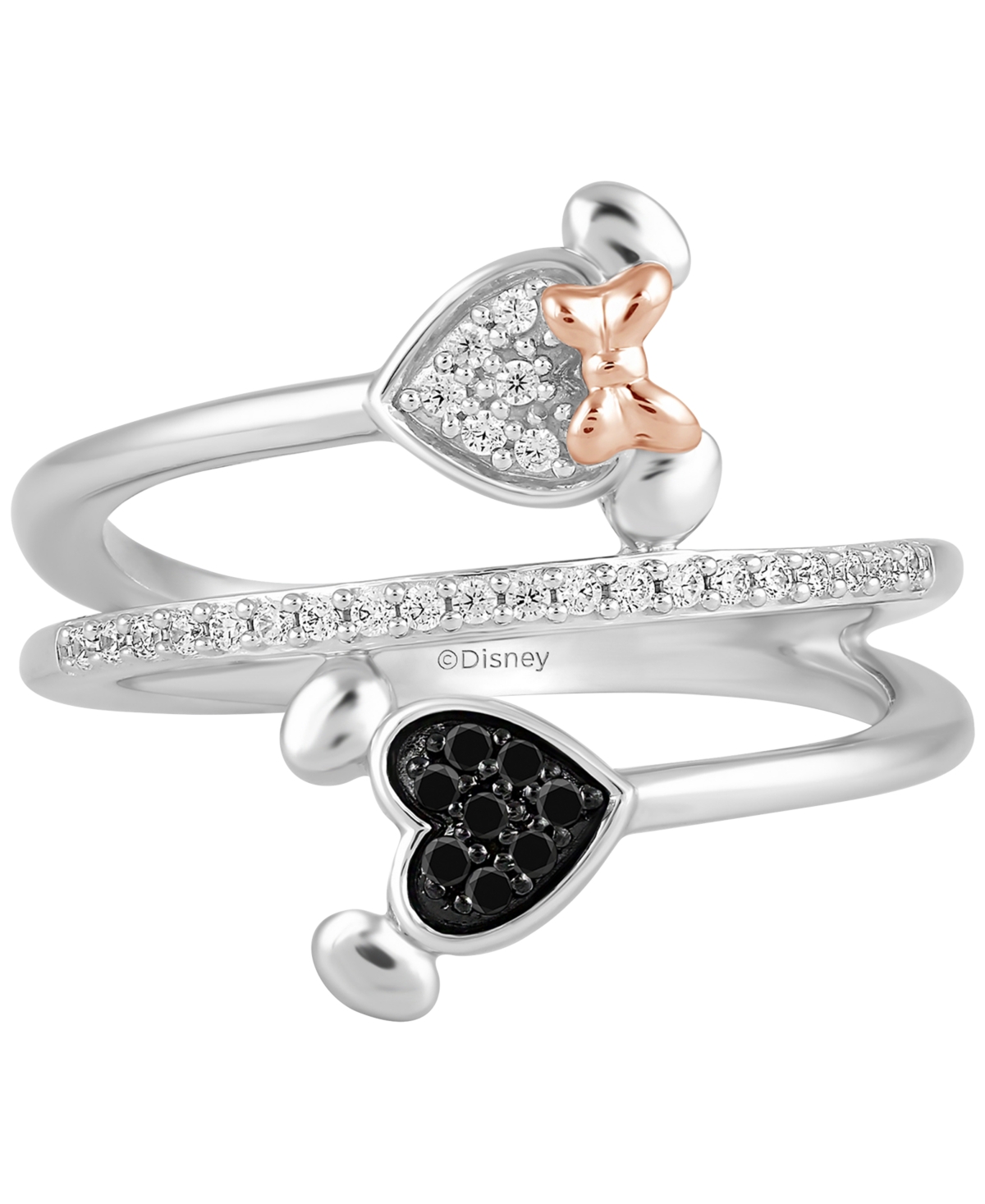 Disney Wonder Fine Jewelry Black & White Diamond Minnie & Mickey Mouse Wrap Ring (1/6 ct. t.w.) in Sterling Silver & Rose Gold-Plate - Sterling Silver