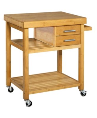 Rolling Bamboo Kitchen Island Cart Food Prep Trolley, with Towel Rack Drawers