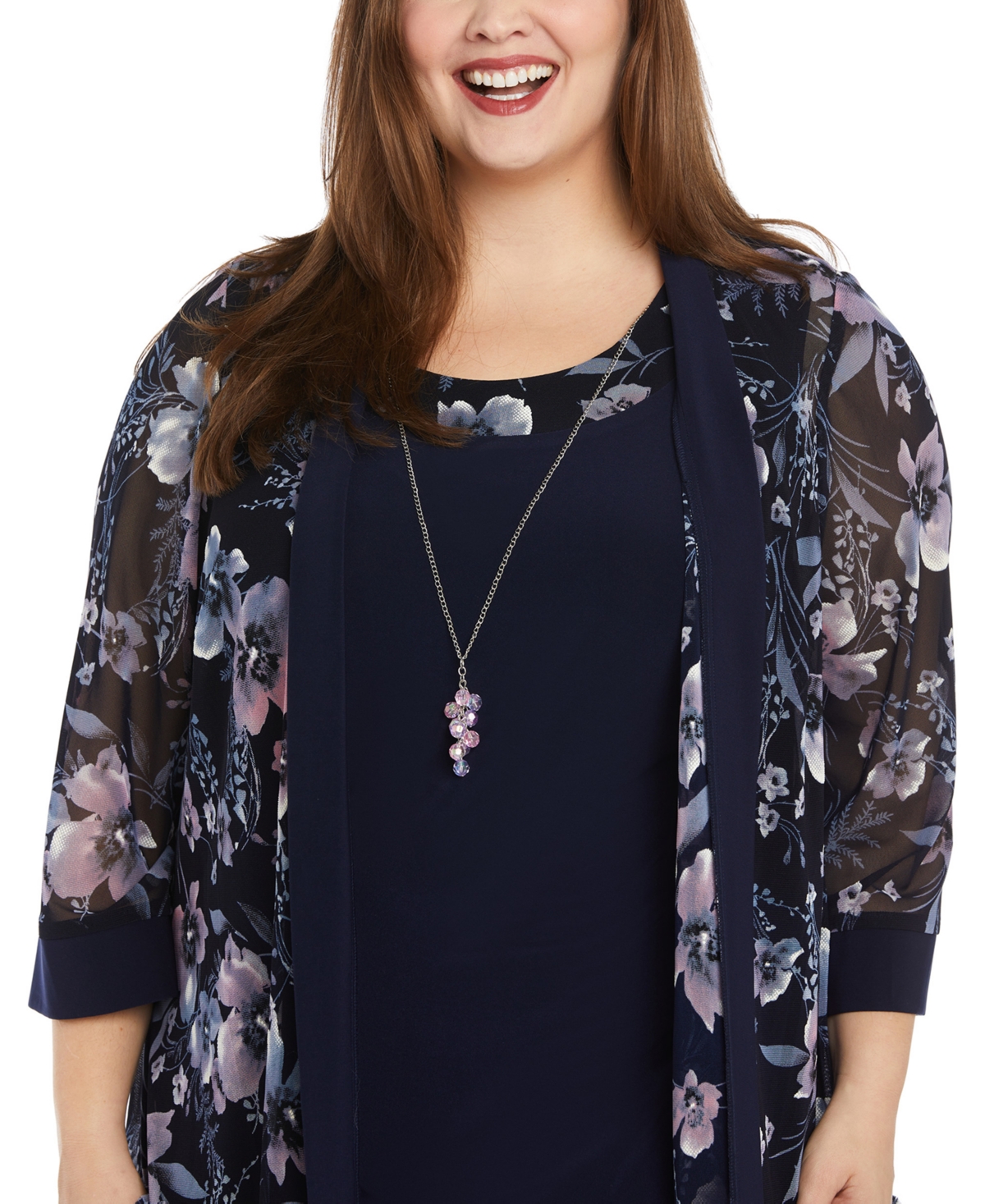 Shop R & M Richards Plus Size Floral Mesh Jacket And Contrast-trim Sleeveless Dress In Navy,pink