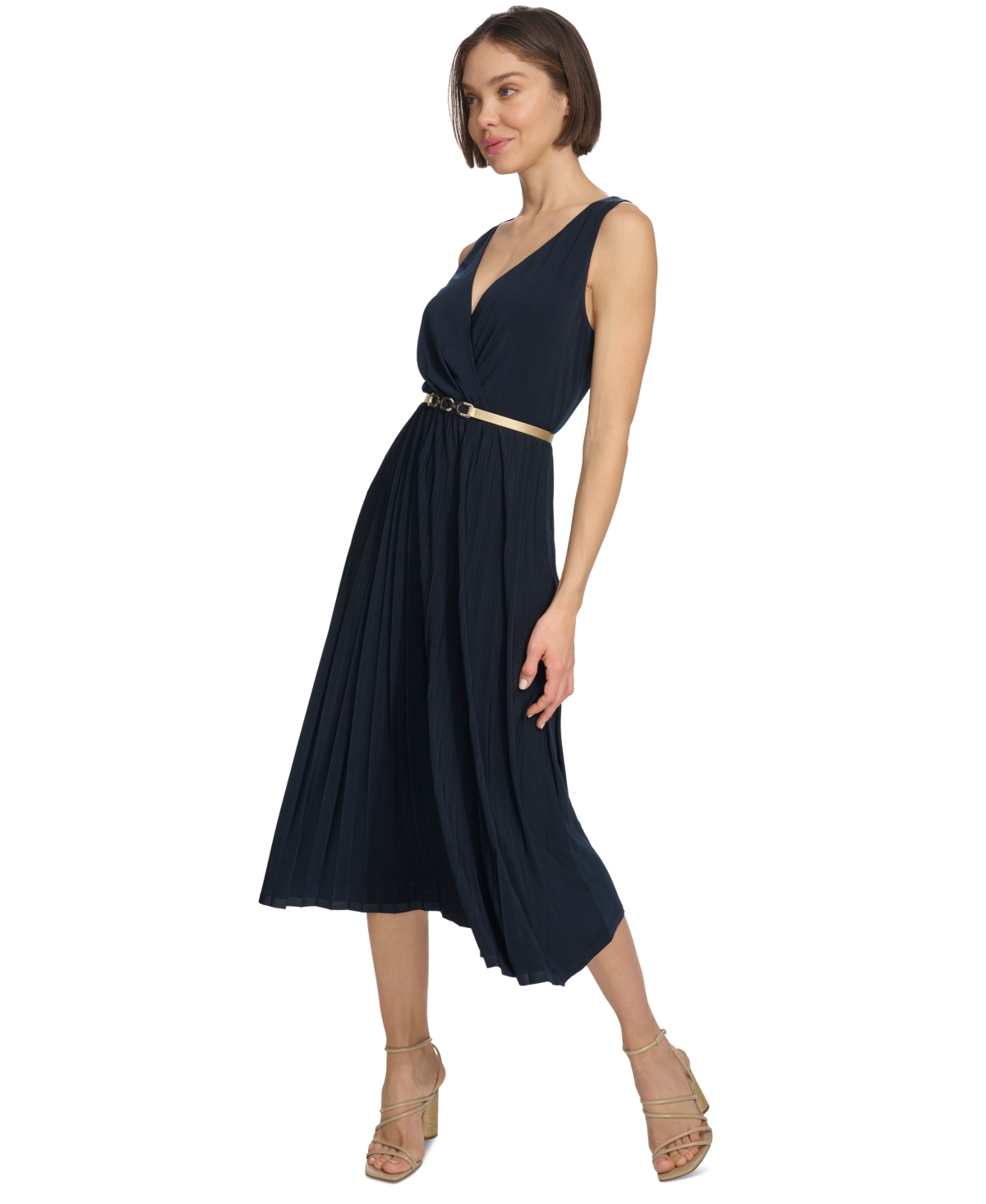 Shop Tommy Hilfiger Women's Pleated Belted Midi Dress In Sky Capt