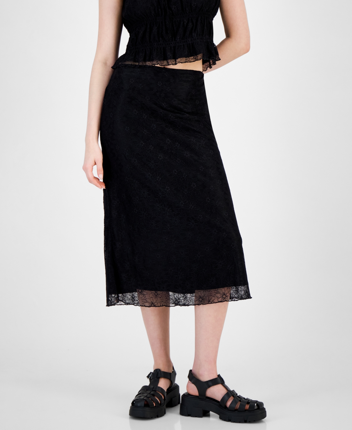 Shop Self Esteem Juniors' Lace-overlay Slip Skirt In Black