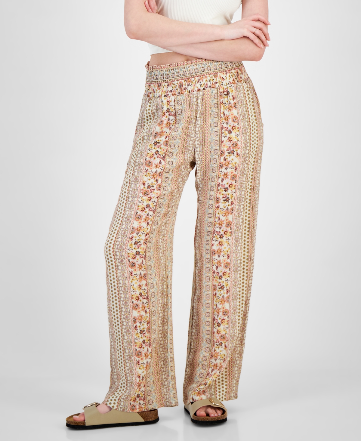 Shop Kingston Grey Juniors' Printed Smocked-waist Wide-leg Pants In Cream,multi