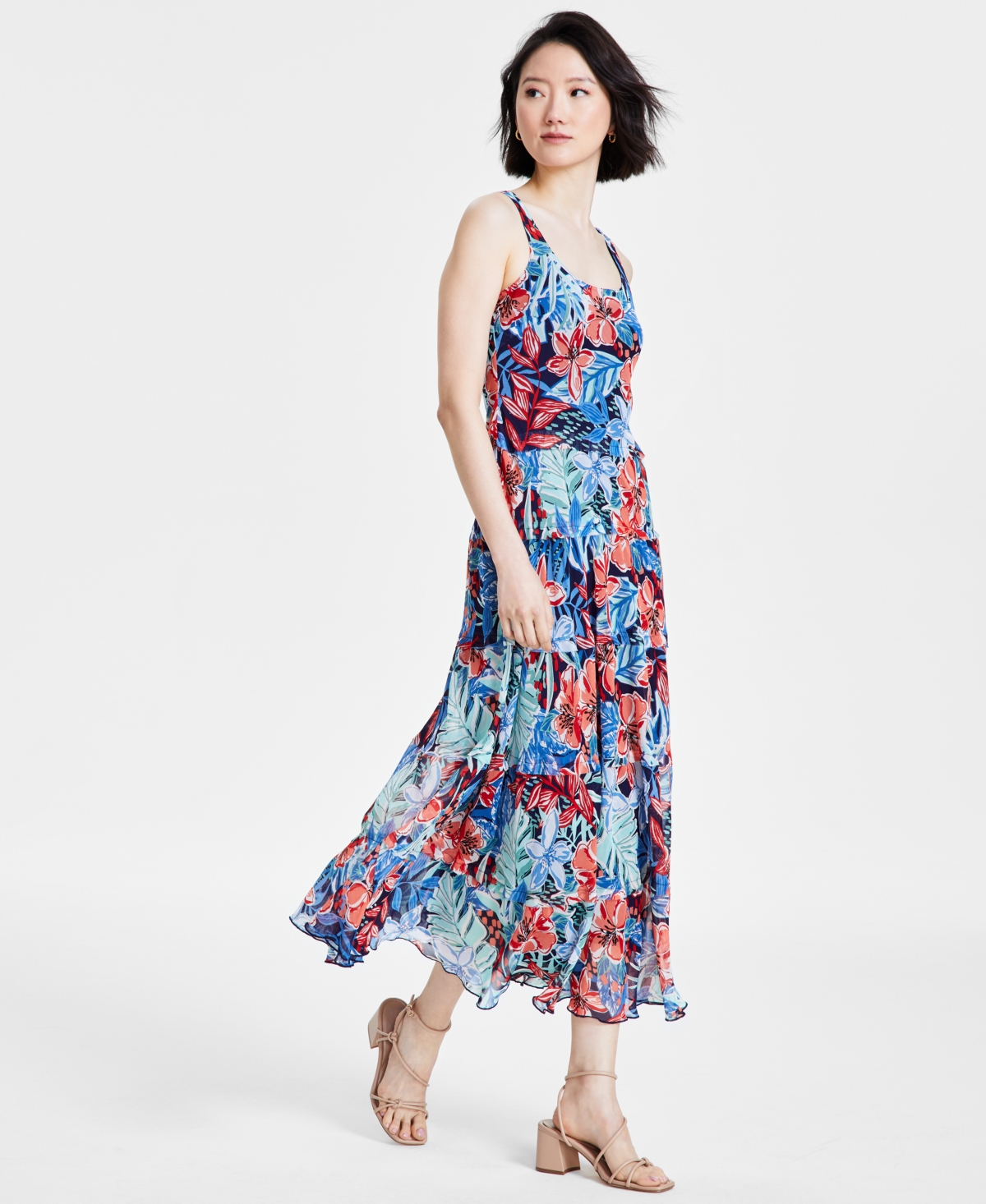 Women's Multi-Tier Midi Dress - Pacific Blue/Coral Sun Multi