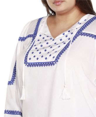 Black Label Plus Size Embroidered Blouson Tie Neck Top