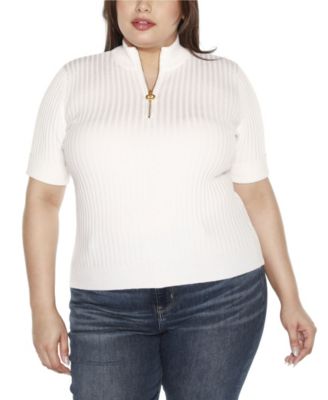 Black Label Plus Size Mock Neck Zip Front Ribbed Short Sleeve Sweater