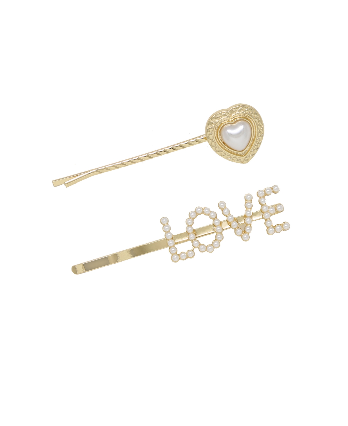 Imitation Pearl and Gold-Tone Love Heart Hair Pin Set - Gold