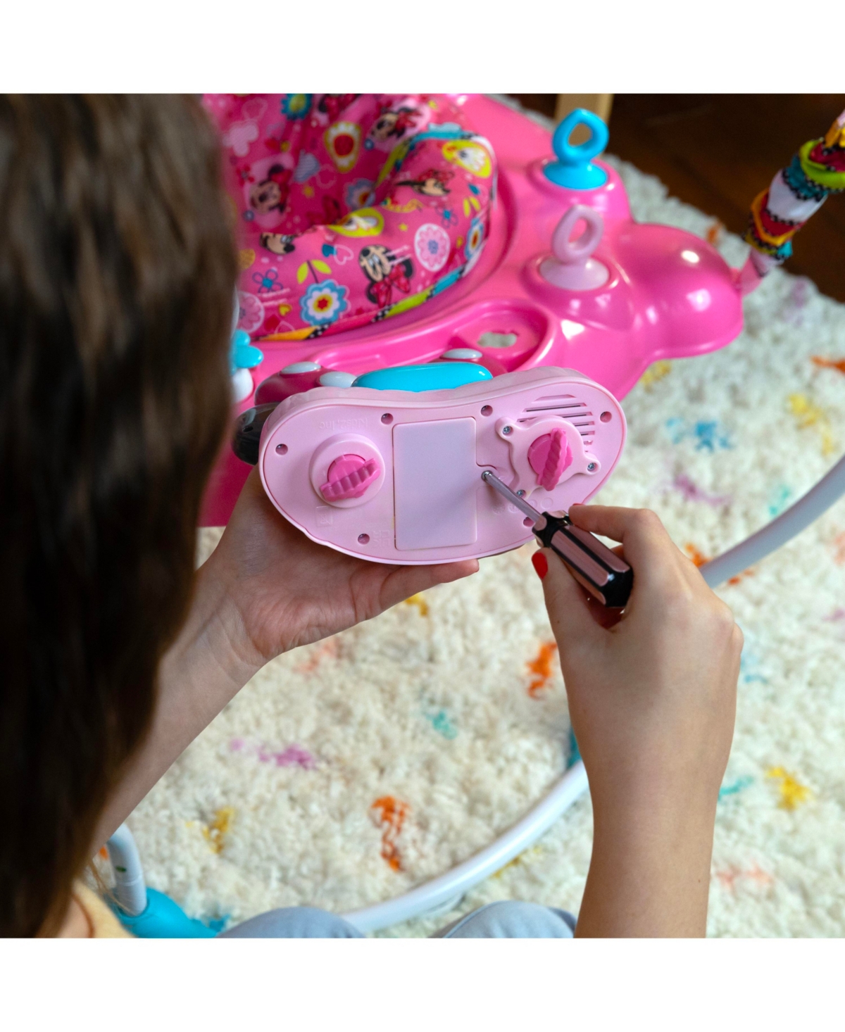 Bright Starts Minnie Mouse Forever Besties Activity Jumper In Bright Pink Multi