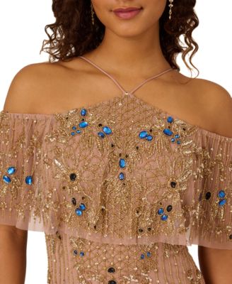 adrianna papell beaded cold shoulder dress Asymmetrical Beige Maxi Dress