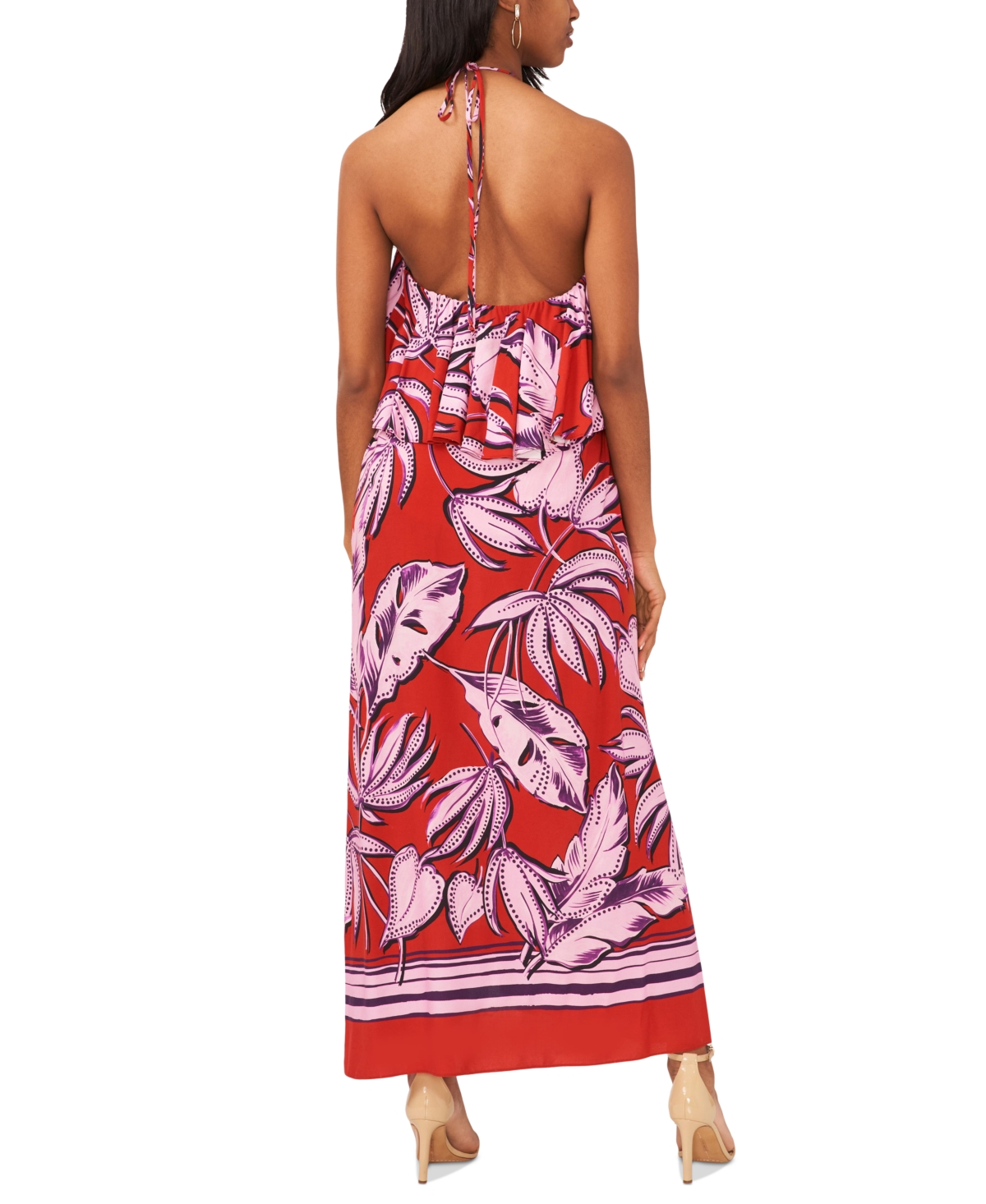 Shop 1.state Women's Tropical Print Ruffled Halter Neck Maxi Dress In Aurora Red