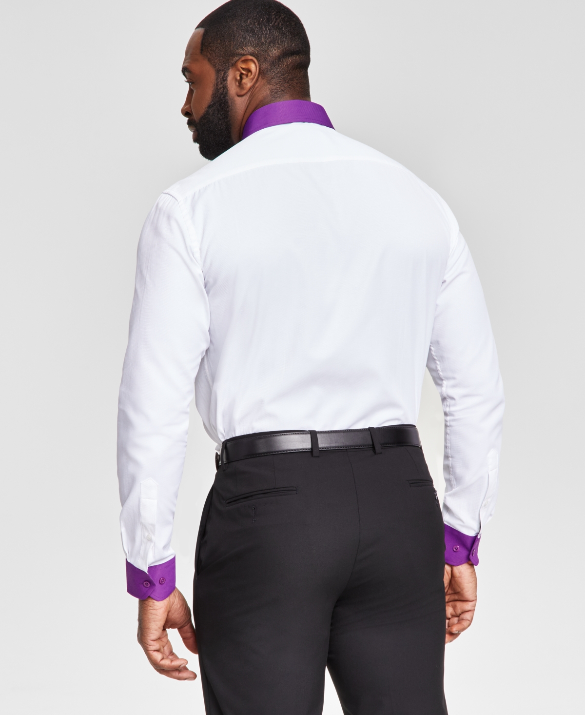 Tayion Collection Men's Slim-Fit Purple Trim Solid Dress Shirt - White And Purple