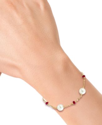 EFFY&reg; Freshwater Pearl (8mm) & Ruby (2-5/8 ct. t.w.) Chain Bracelet in 14k Gold