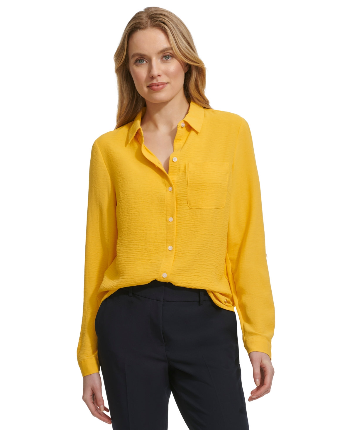Shop Tommy Hilfiger Women's Collared Button-front Shirt In Deep Maize
