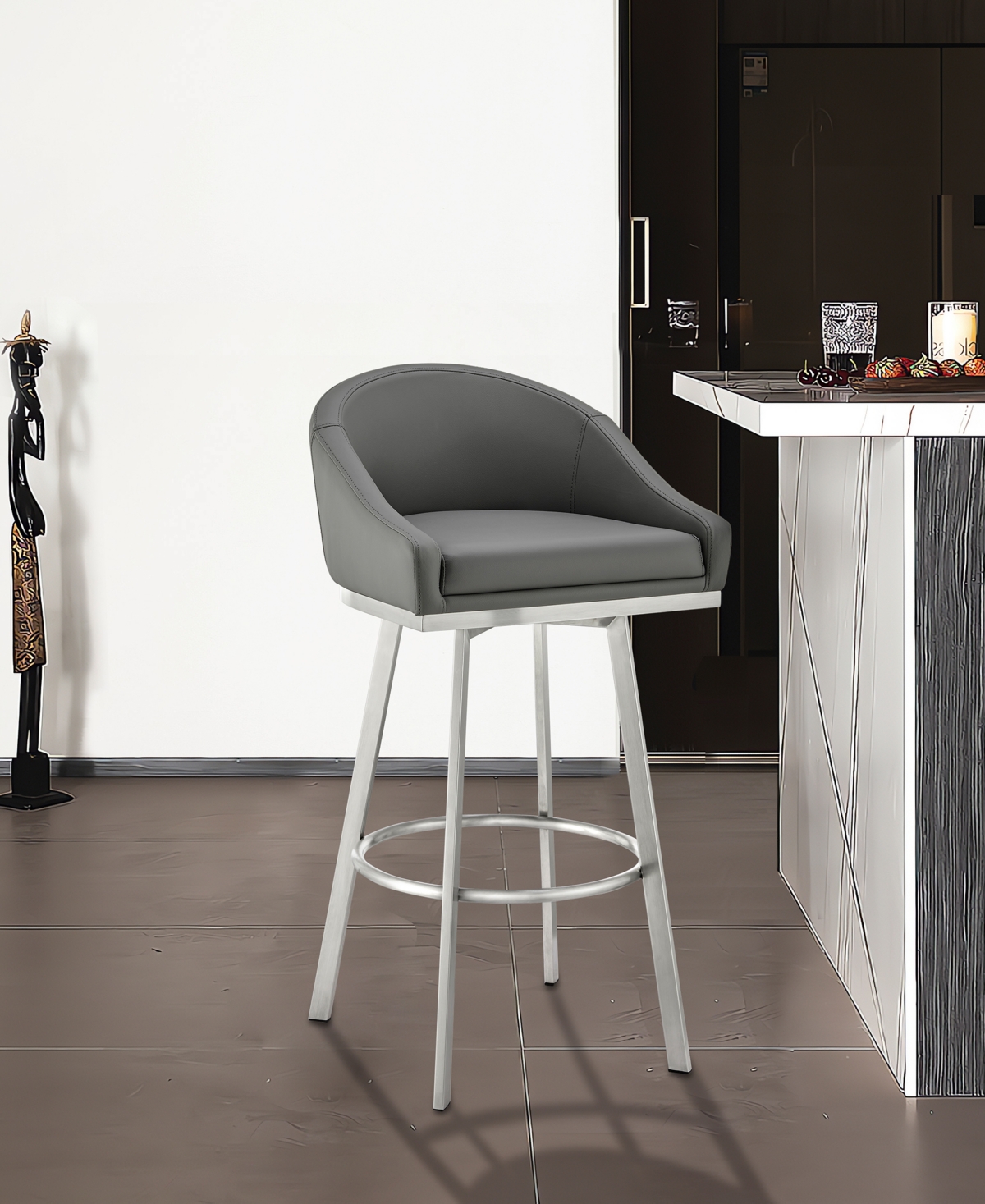 Shop Armen Living Eleanor 30" Swivel Bar Stool In Brushed Stainless Steel With Faux Leather In Gray,brushed Stainless Steel