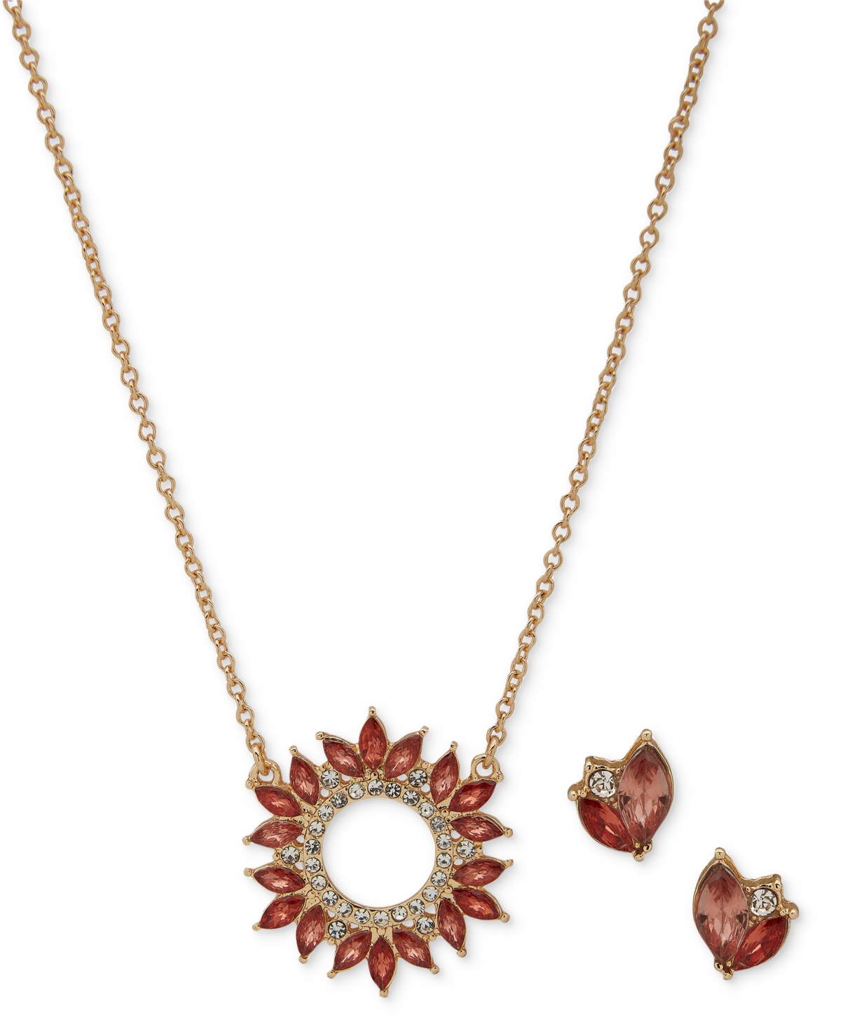 Shop Anne Klein Gold-tone Red Crystal Cluster Stud Earrings & Circle Pendant Necklace Set, 16" + 3" Extender In Pink