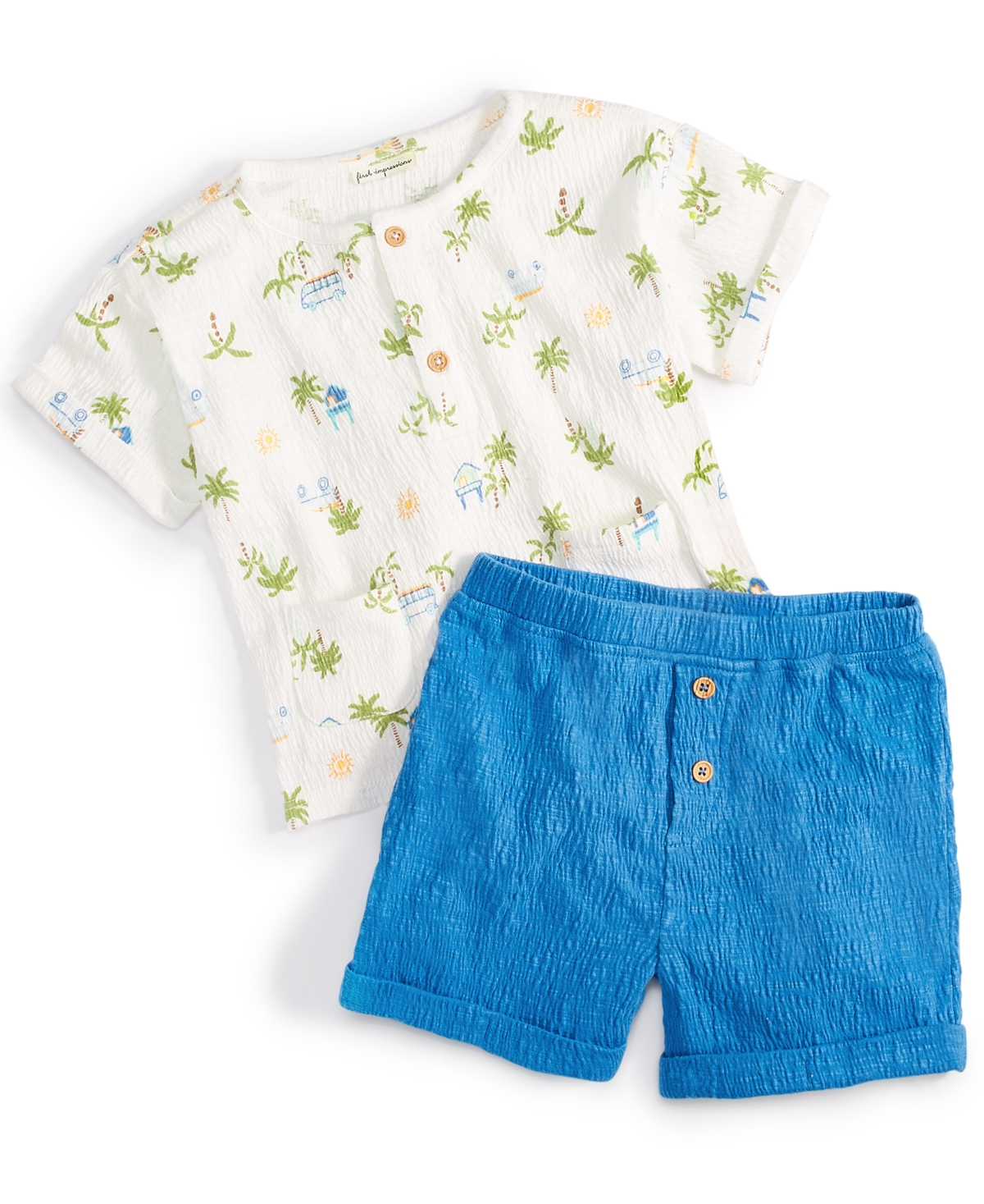 Shop First Impressions Baby Boys 2-pc. Vacation-print Henley & Solid Shorts Set, Created For Macy's In Angel White