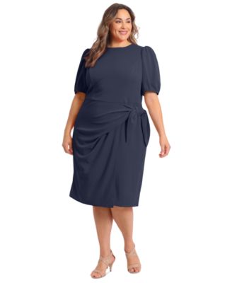 London Times - Plus Size Puff-Sleeve Tie-Waist Dress