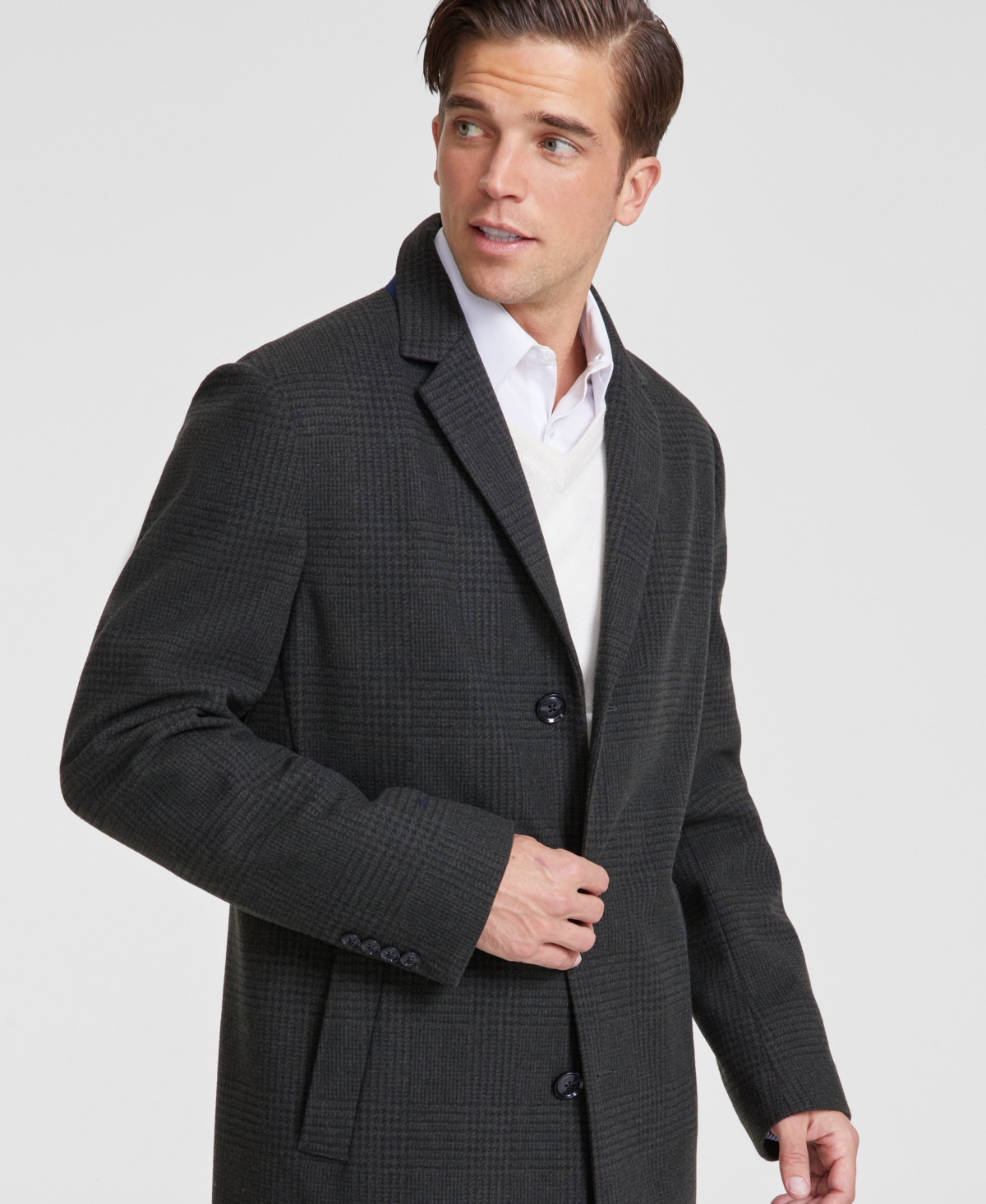 Tommy Hilfiger Men's Modern-Fit PlaidOvercoat - Olive Charcoal