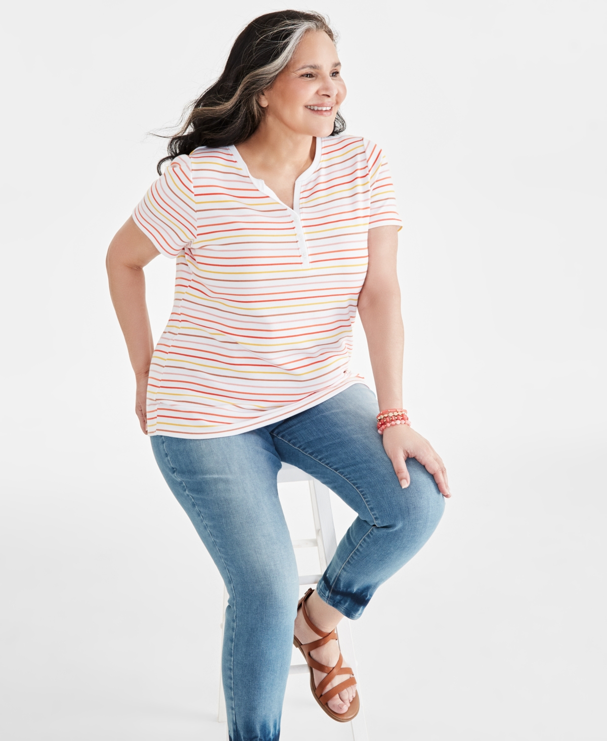 Plus Size Printed Short-Sleeve Henley Top, Created for Macy's - Stripe White
