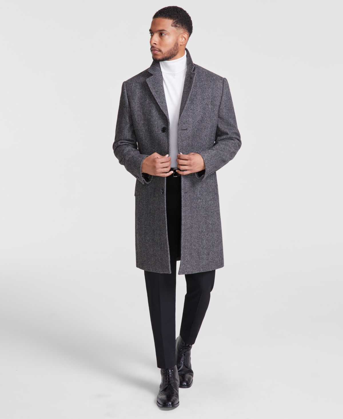 Michael Kors Men's Classic-fit Wool Blend Herringbone Overcoat In Black White