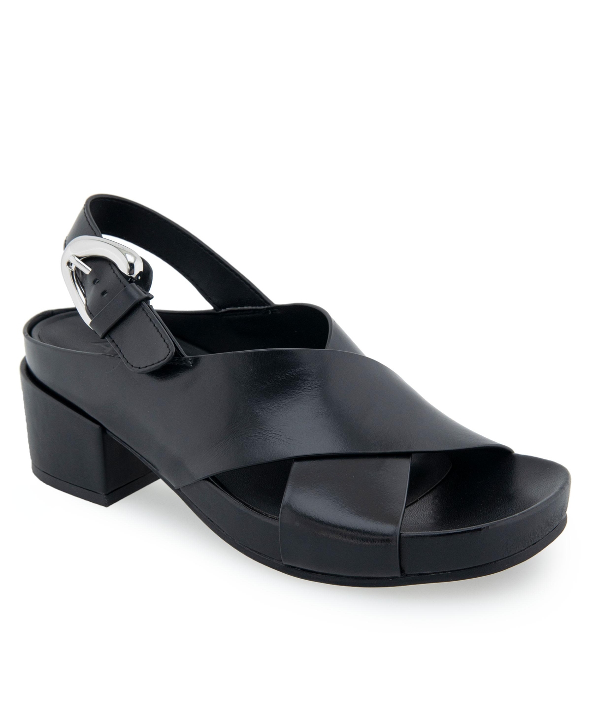Shop Aerosoles Women's Chrystie Buckle Block Heel Sandals In Black Leather