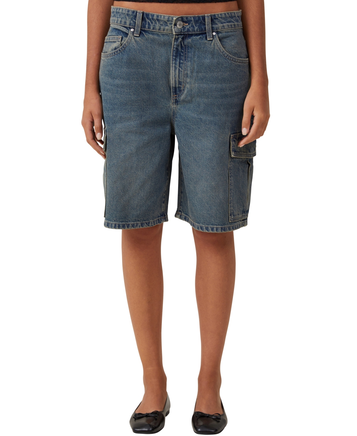 Women's Super Baggy Cargo Denim Jort Shorts - Blue