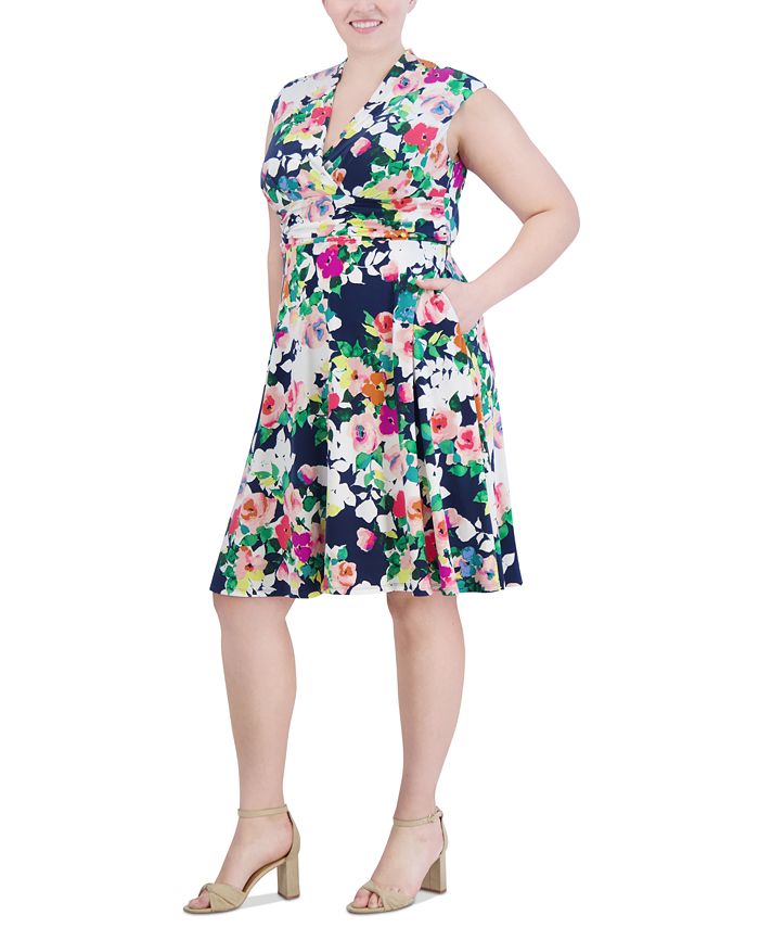 Jessica Howard Plus Size Floral Surplice-Neck Dress - Macy's