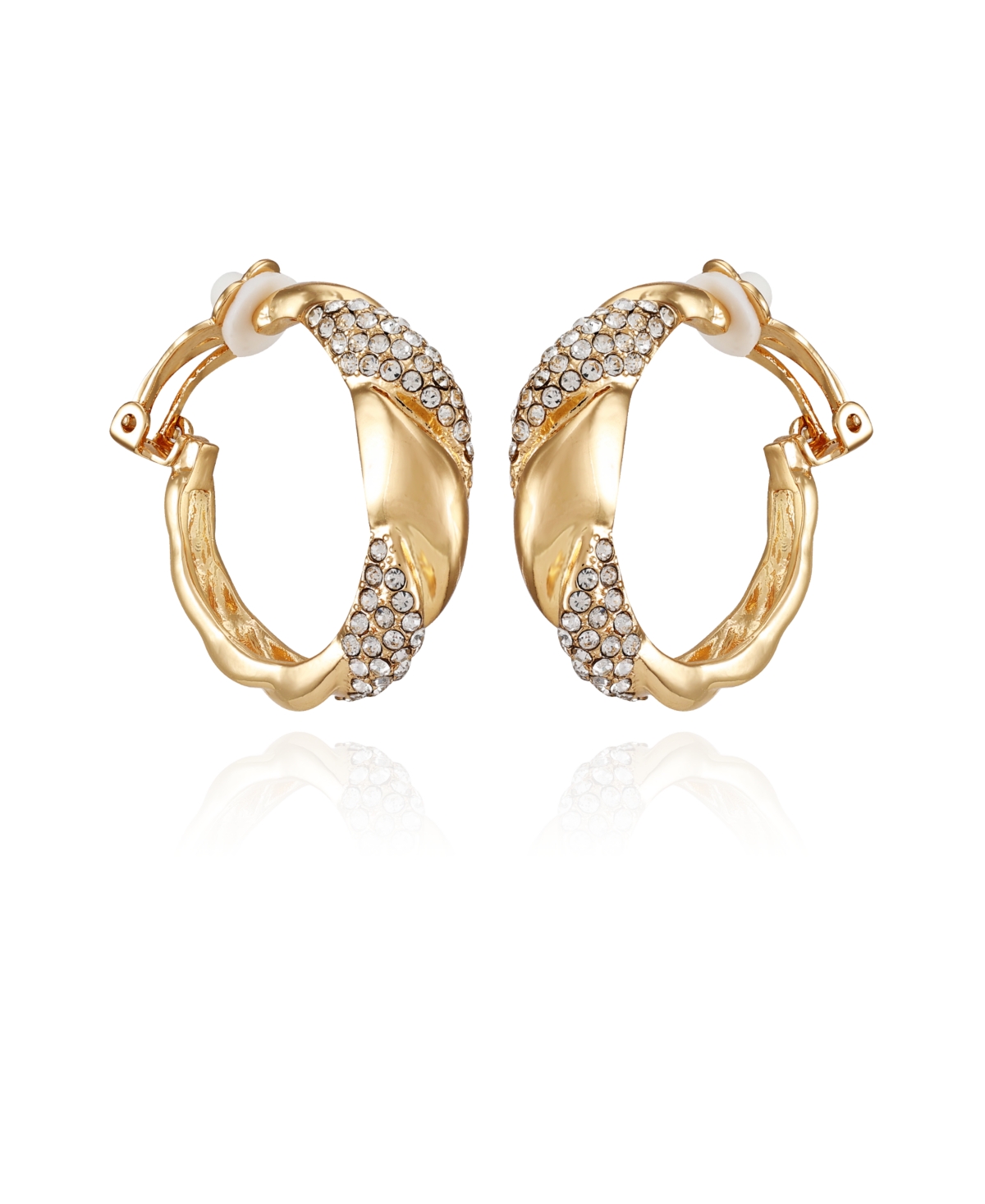 Gold-Tone Woven Glass Stone Clip On Hoop Earrings - Gold