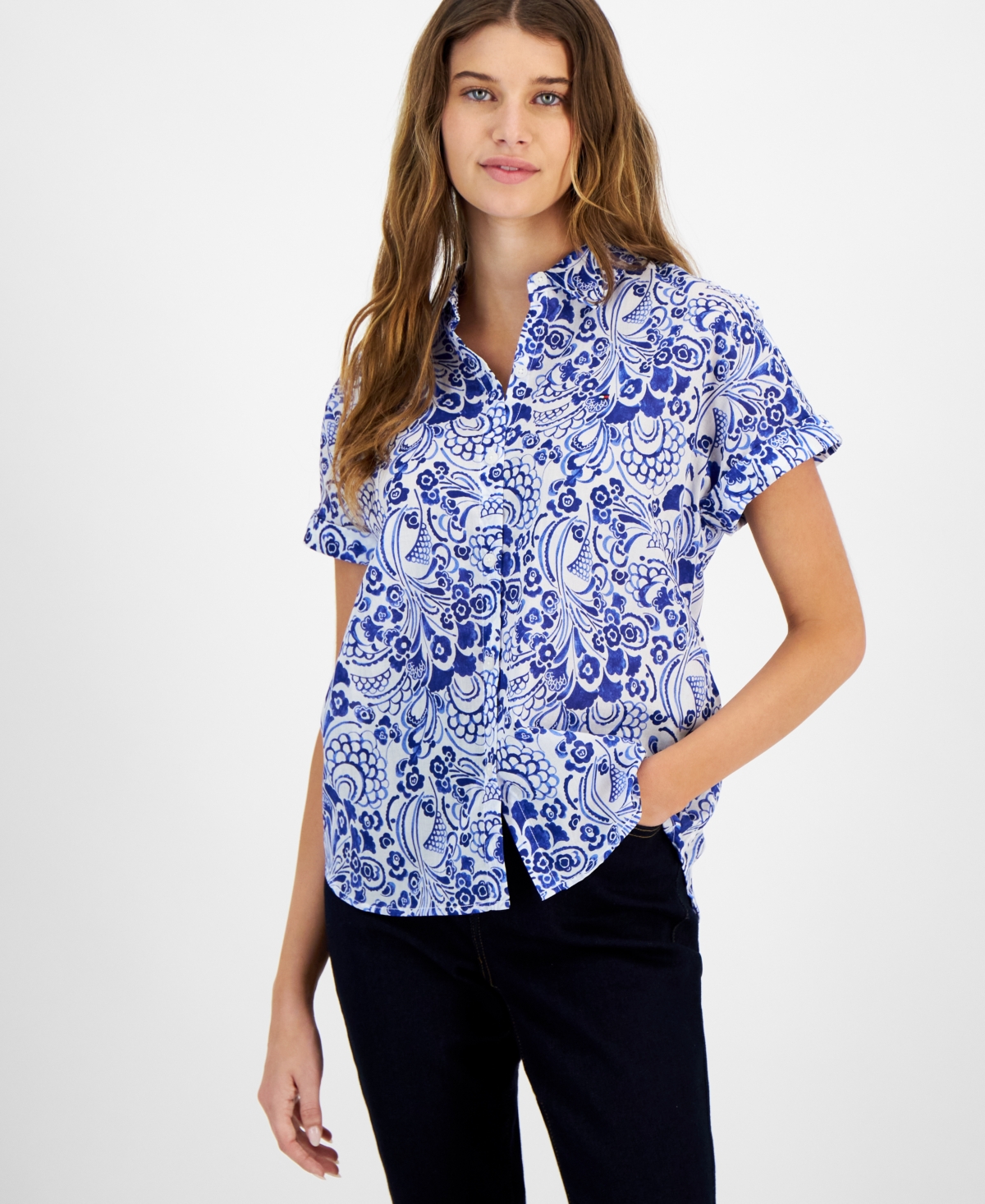 Women's Cotton Floral-Print Camp Shirt - Brght Wht
