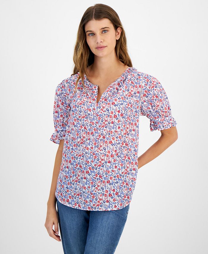 Tommy Hilfiger Women's Cotton Floral-print Ruffled-cuff Top - Macy's