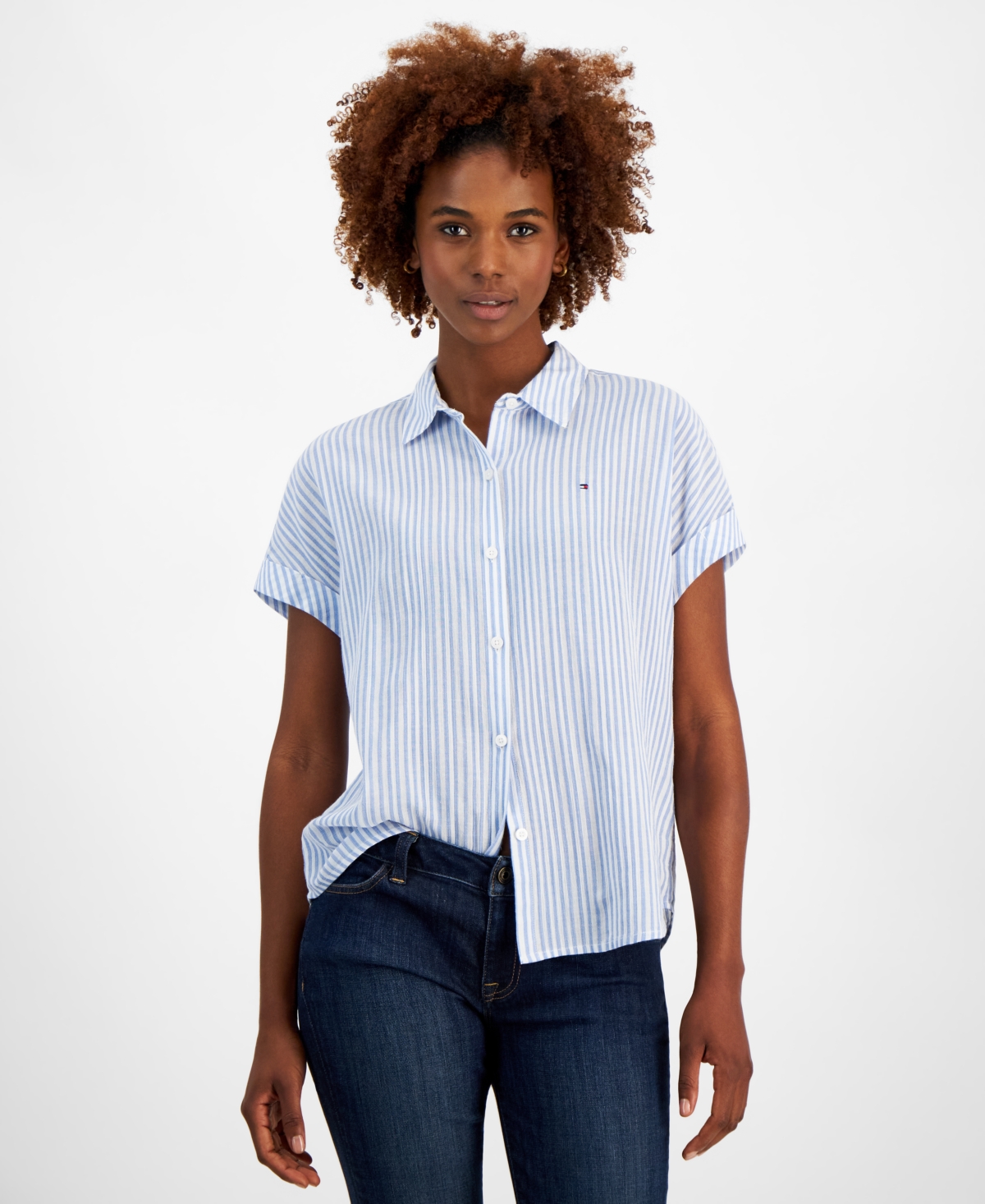 Shop Tommy Hilfiger Women's Cotton Striped Camp Shirt In Blu Haze M