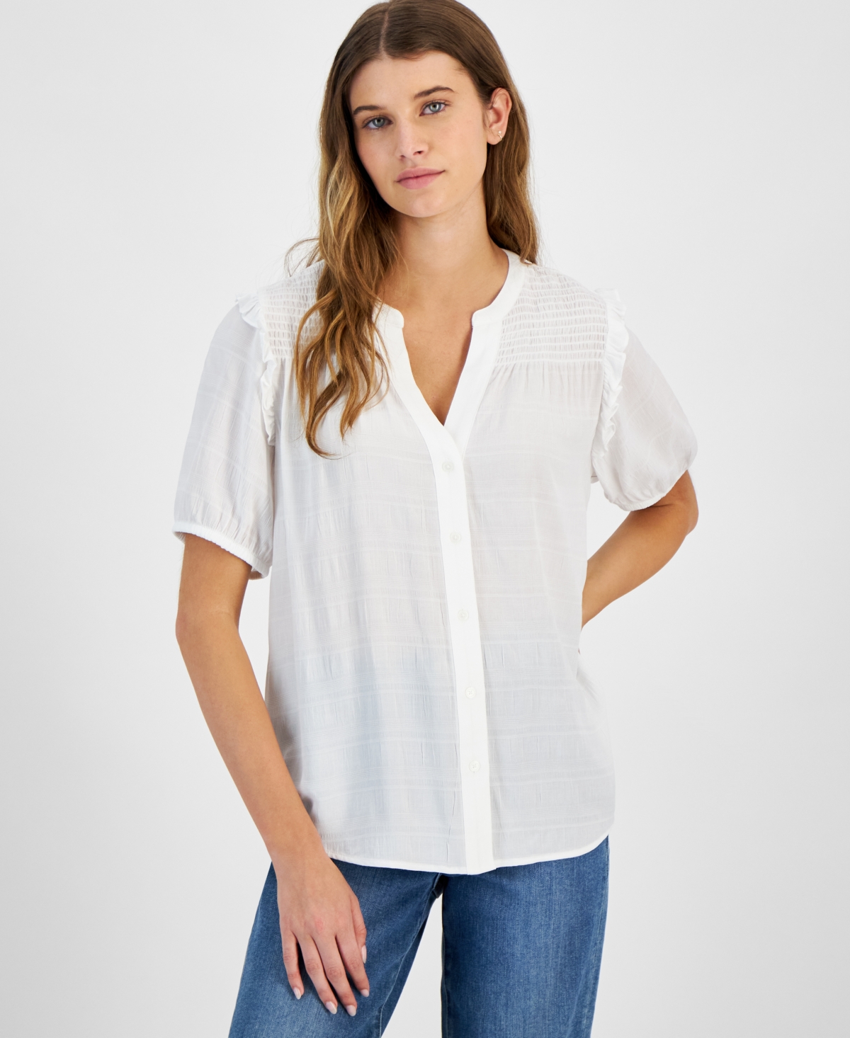Tommy Hilfiger Women's Smocked Textured Blouse In Brt White