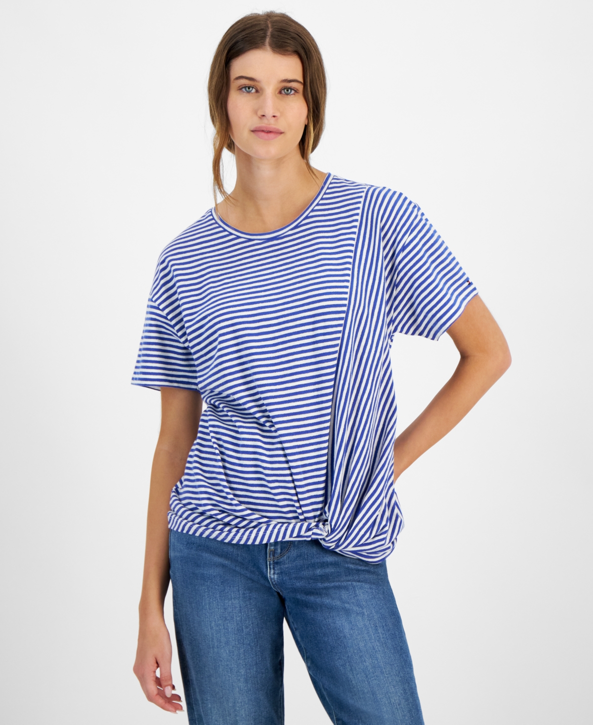 Shop Tommy Hilfiger Women's Striped Twist-hem T-shirt In Brt Wht Co
