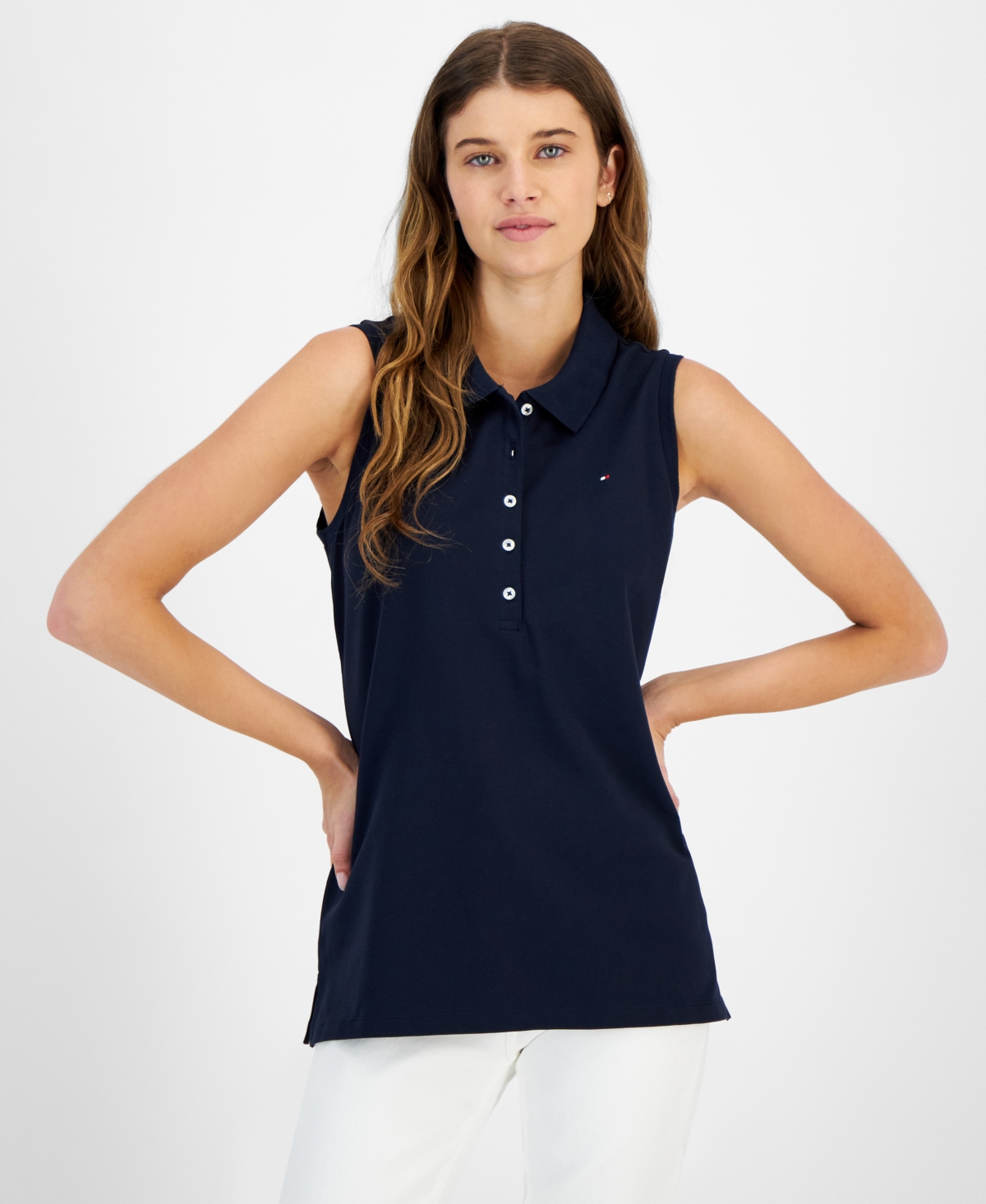 Shop Tommy Hilfiger Women's Cotton Sleeveless Polo Top In Sky Capt