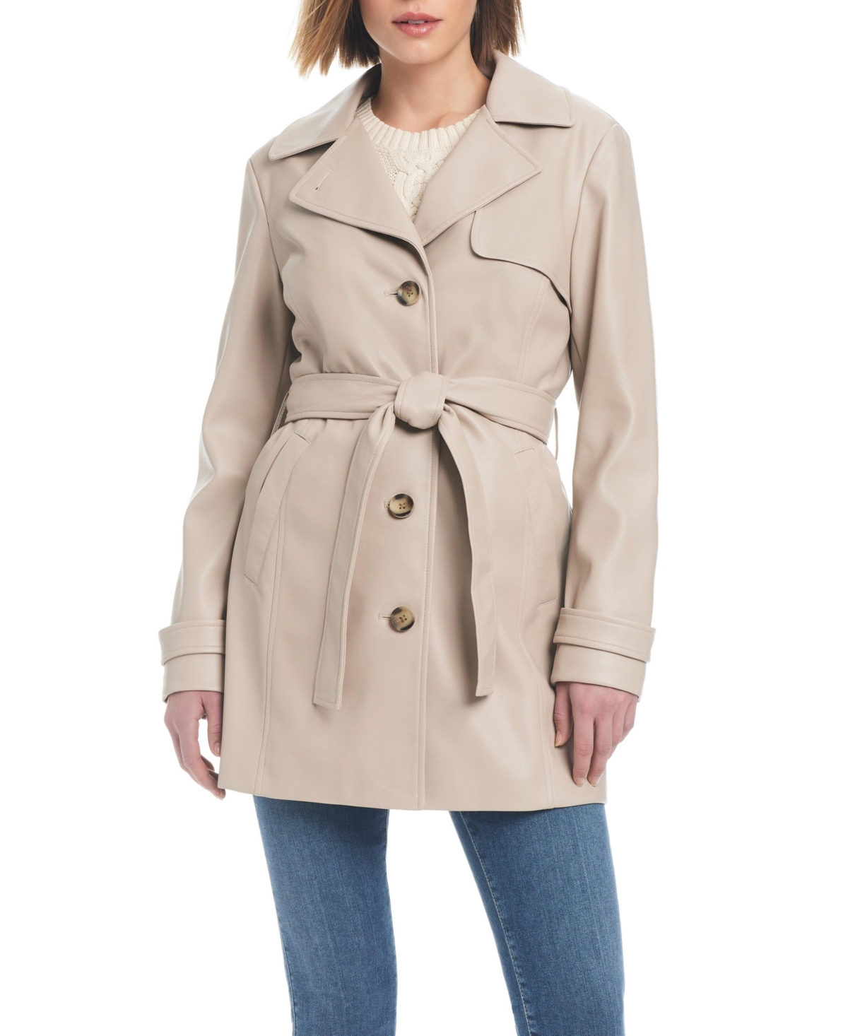 Women's Faux Leather Single-Breasted Fitted Trench Coat - Sawdust