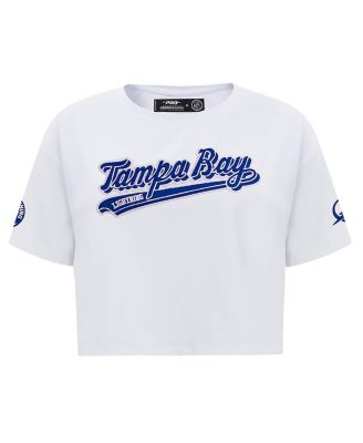 Women's White Tampa Bay Lightning Boxy Script Tail Cropped T-shirt