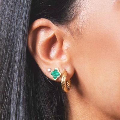 Small Malachite Clover Stud Earrings 14K Gold
