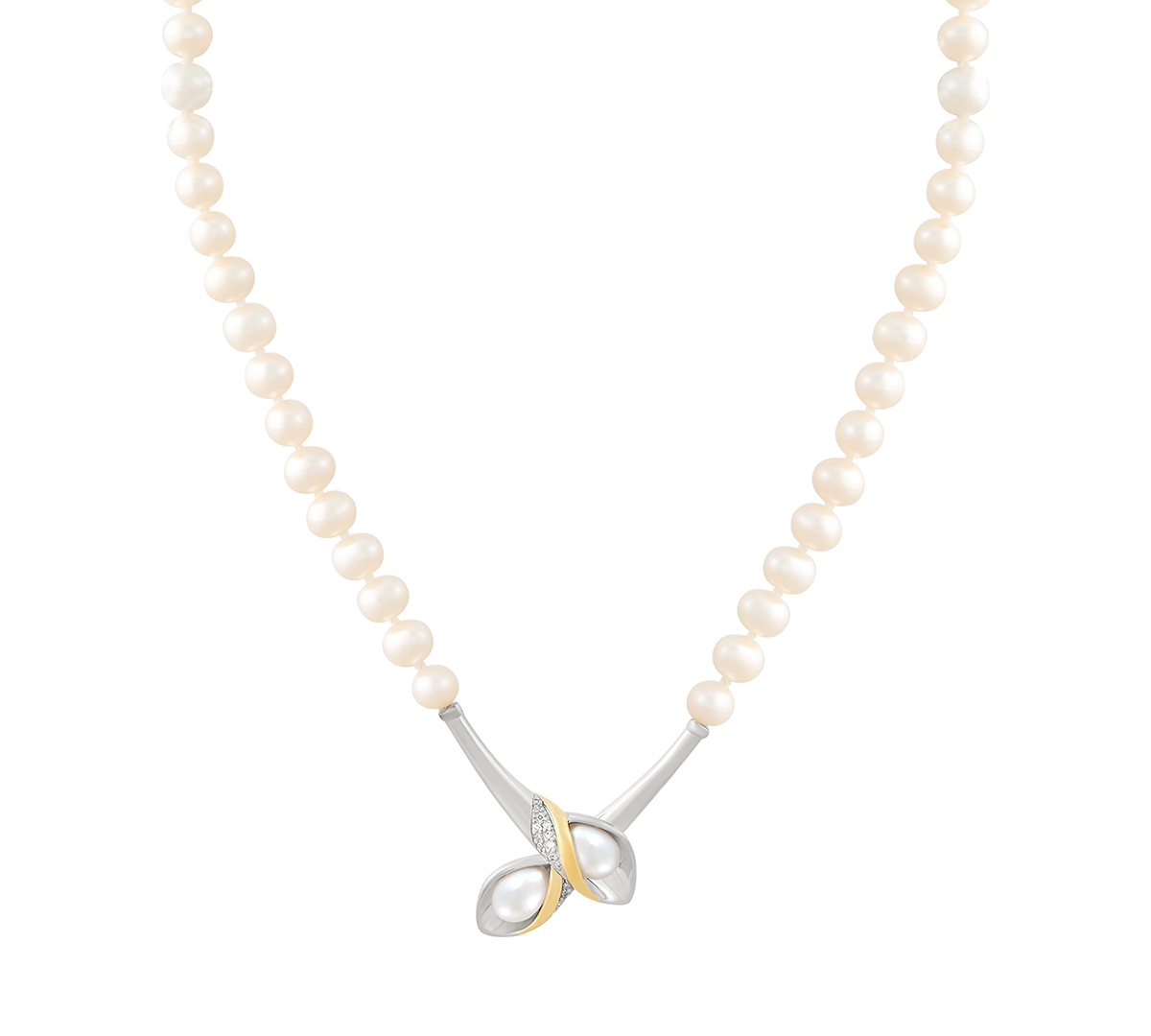 Macy's Cultured Freshwater Pearl (4-1/2mm & 7 X 5mm) & Diamond (1/20 Ct. T.w.) Flower Bud Inspired 17-1/2" In Silver
